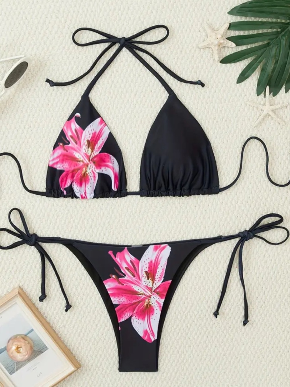 Black Floral Tie-Side Triangle Bikini Top & Bottom - Pink Lily Print